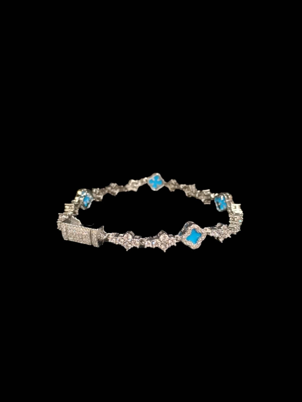 Iced Out Silver Tone Tennis Bracelet Blue Stone Clover Style Bling ✨ - Picture 4 of 5